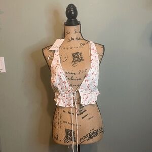 NWT Zara Womens‎ Cherry Print Ruffle Tie Front Crop Top White Red Small